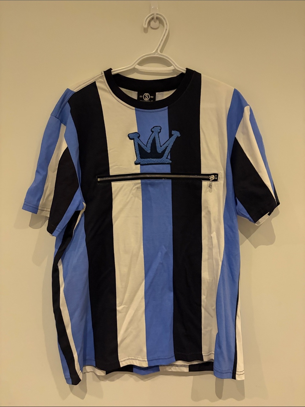 Striped Crown Zip-Front Tee in Blue, Black & White